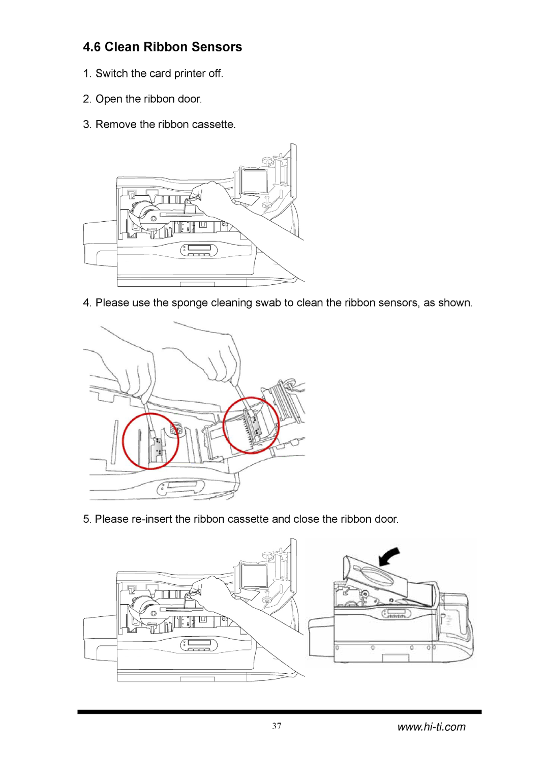 Hi-Touch Imaging Technologies CS-310, CS-320 manual Clean Ribbon Sensors 