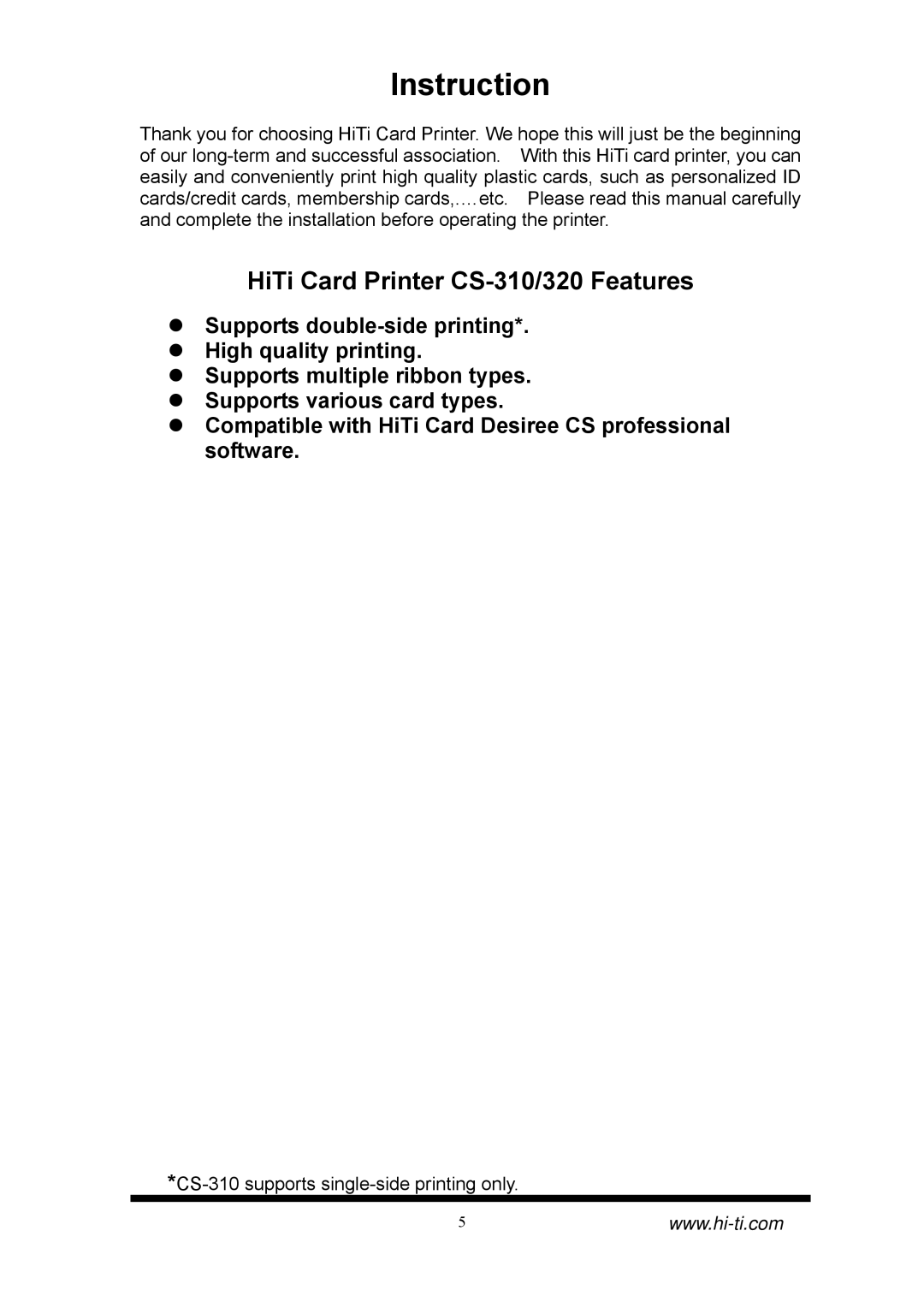 Hi-Touch Imaging Technologies CS-320 manual Instruction, HiTi Card Printer CS-310/320 Features 