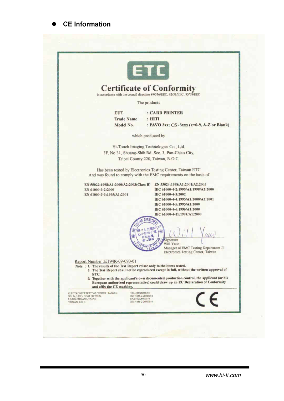 Hi-Touch Imaging Technologies CS-320, CS-310 manual CE Information 