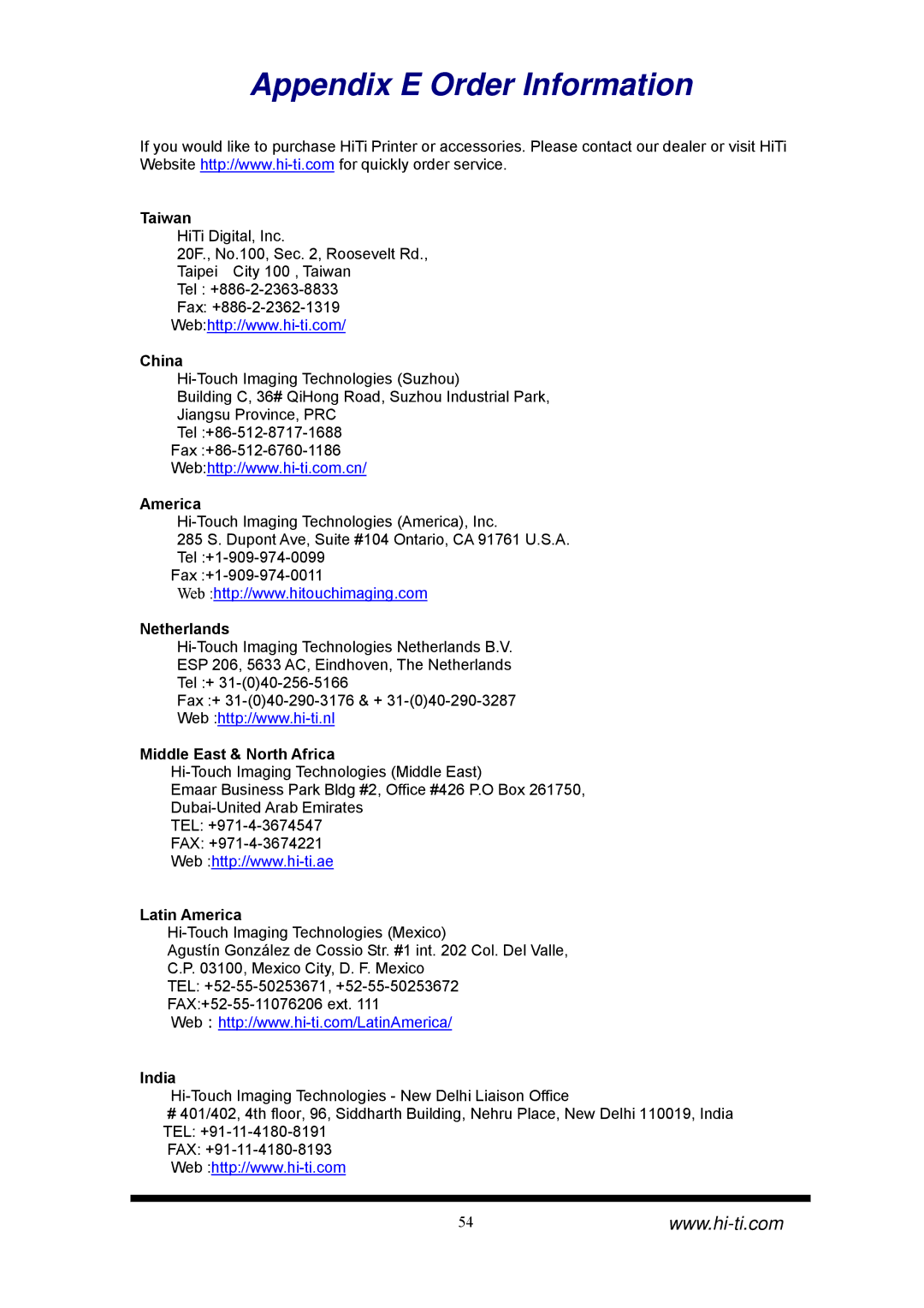 Hi-Touch Imaging Technologies CS-320, CS-310 manual Appendix E Order Information 