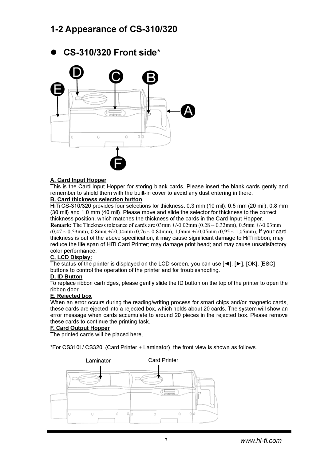 Hi-Touch Imaging Technologies CS-320 manual Appearance of CS-310/320 CS-310/320 Front side, Card Input Hopper 