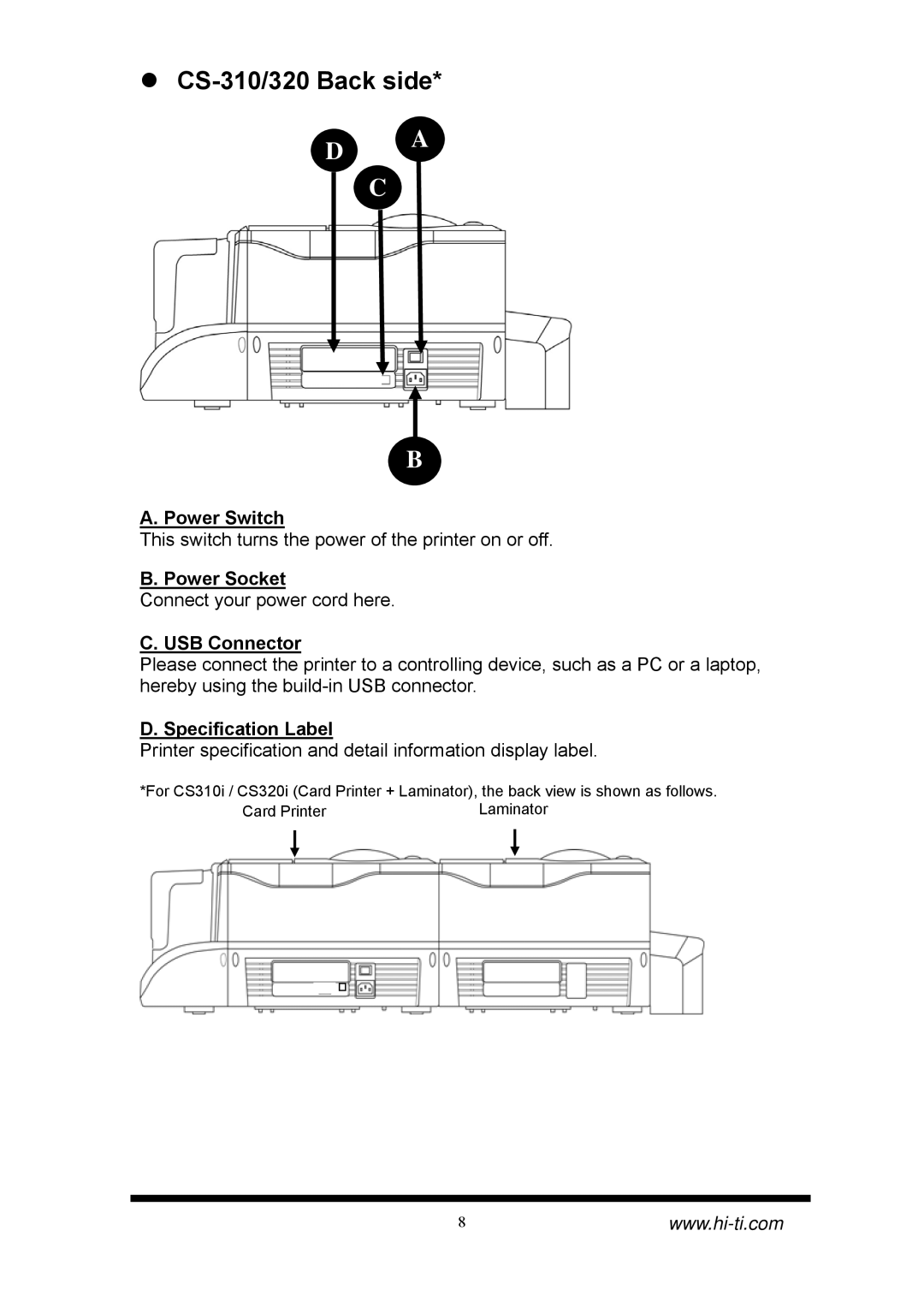 Hi-Touch Imaging Technologies CS-320 CS-310/320 Back side, Power Switch, Power Socket, USB Connector, Specification Label 