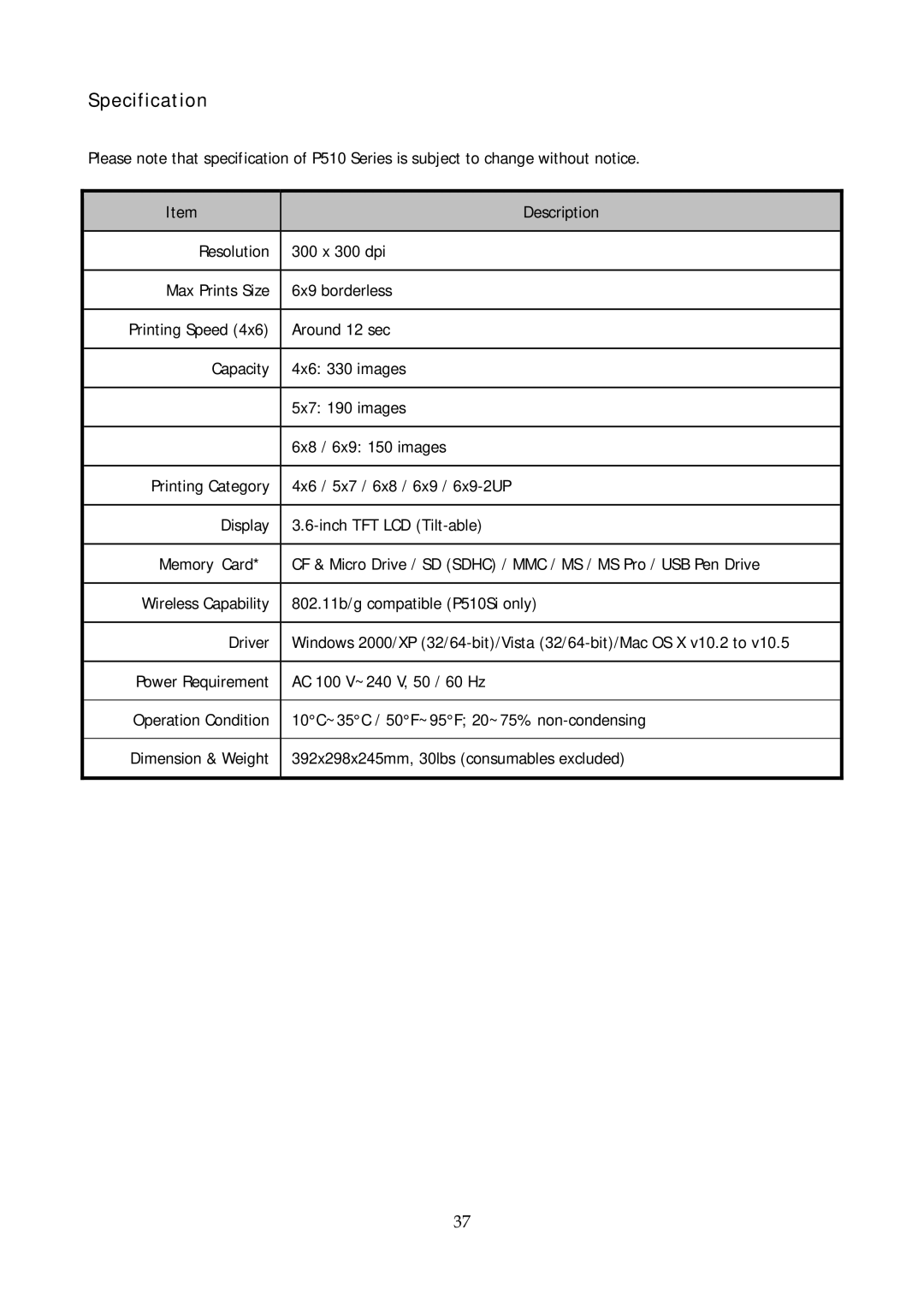 Hi-Touch Imaging Technologies P510Si user manual Specification 