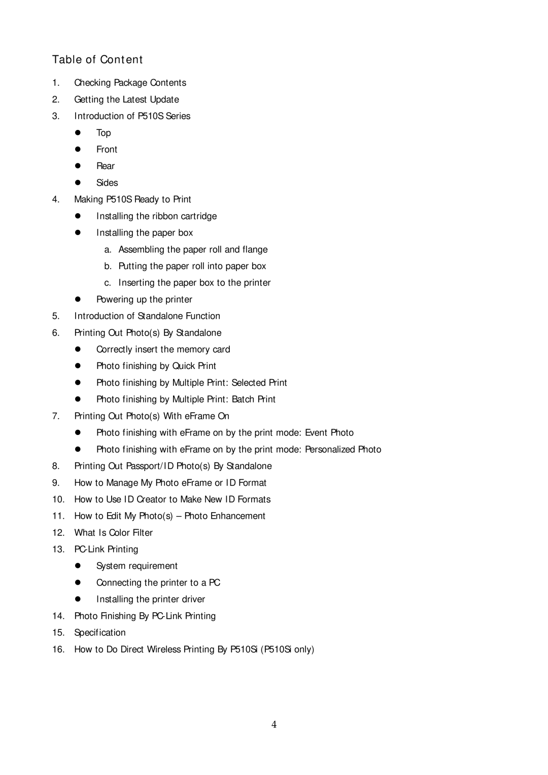 Hi-Touch Imaging Technologies P510Si user manual Table of Content 