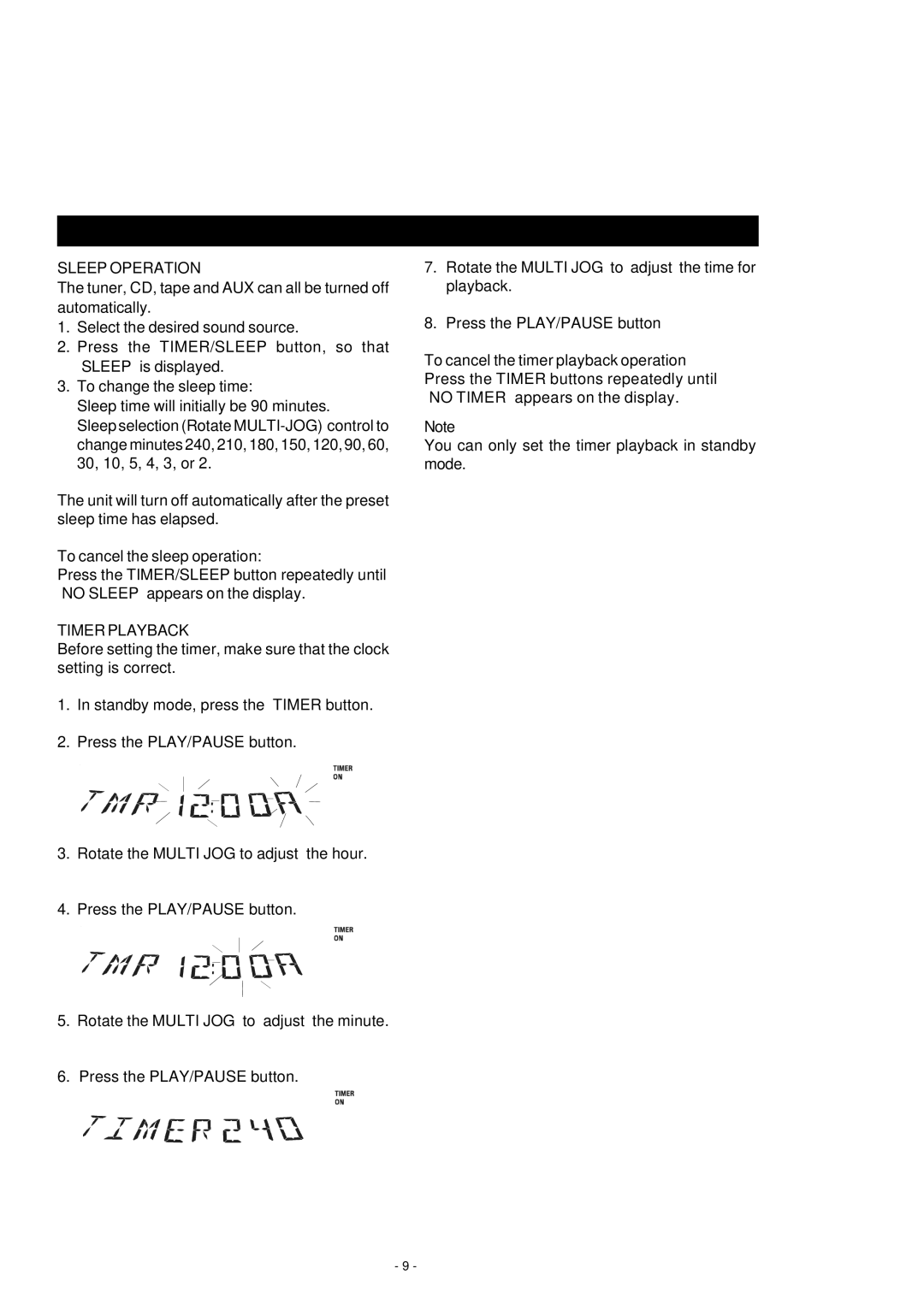 HiFi Works 811-TK5M91-031 HOW to SET the Timer, Sleep Operation, To cancel the sleep operation, Timer Playback 