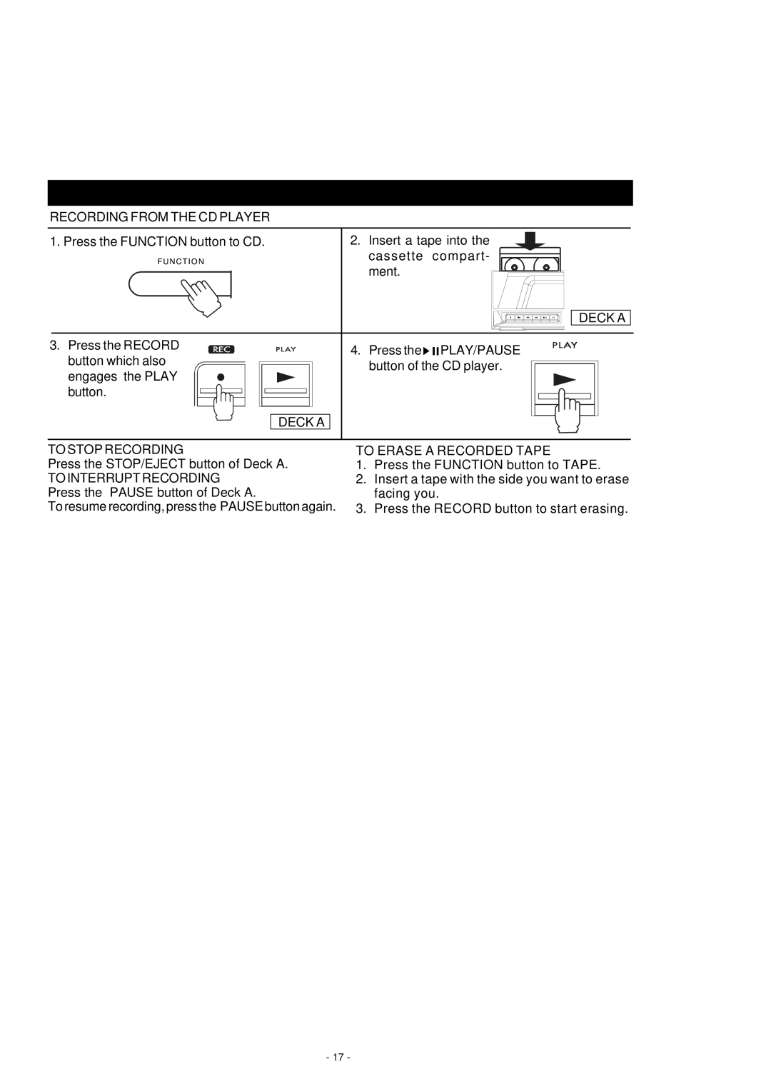 HiFi Works 811-TK5M91-031 instruction manual Recording from the CD Player, To Stop Recording, To Erase a Recorded Tape 