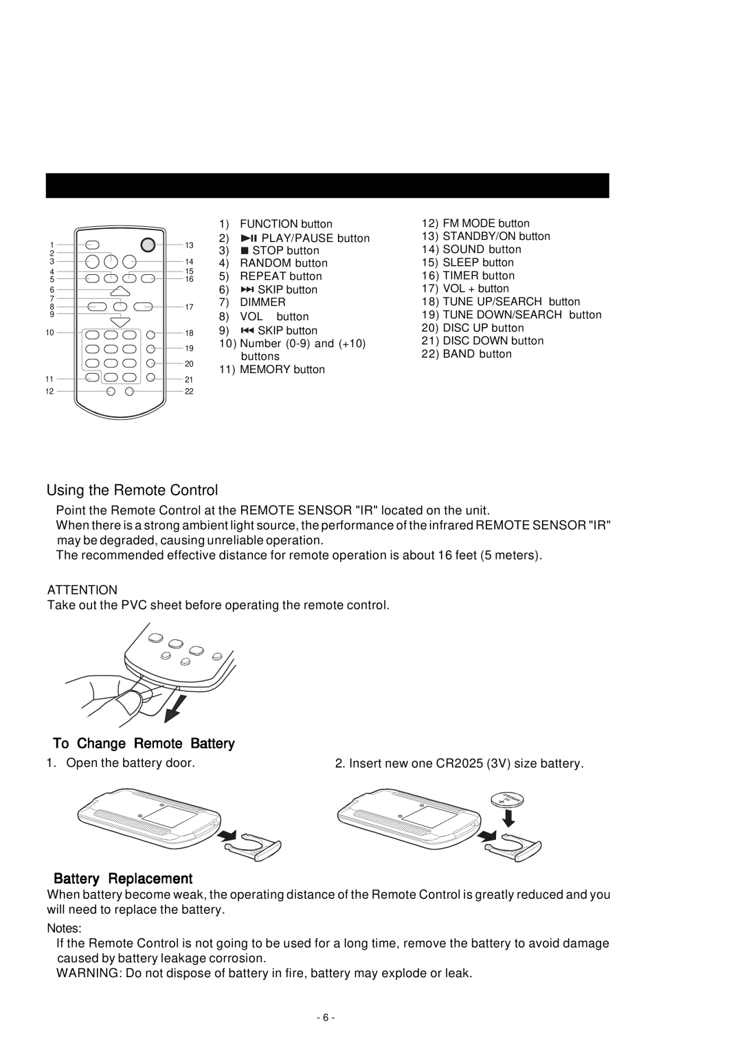 HiFi Works 811-TK5M91-031 instruction manual Remote Control, Open the battery door Insert new one CR2025 3V size battery 