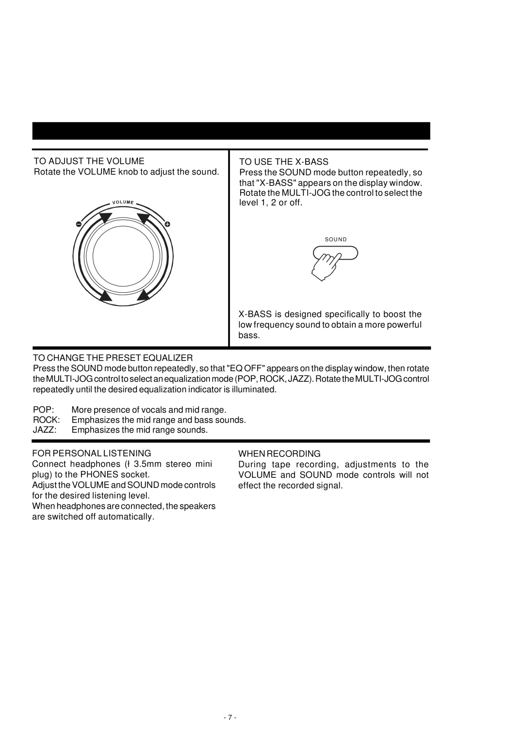 HiFi Works 811-TK5M91-031 Adjusting the Sound, To USE the X-BASS, To Change the Preset Equalizer, For Personal Listening 