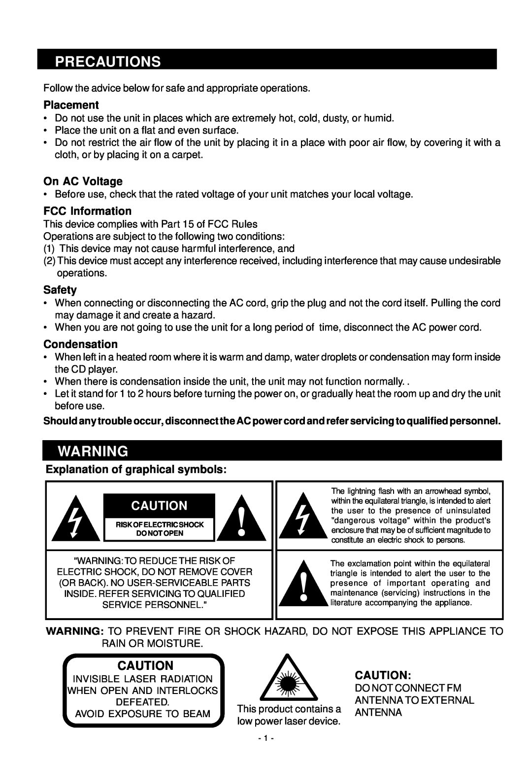 HiFi Works 811-TK5M91-031 instruction manual Precautions, Placement, On AC Voltage, FCC Information, Safety, Condensation 