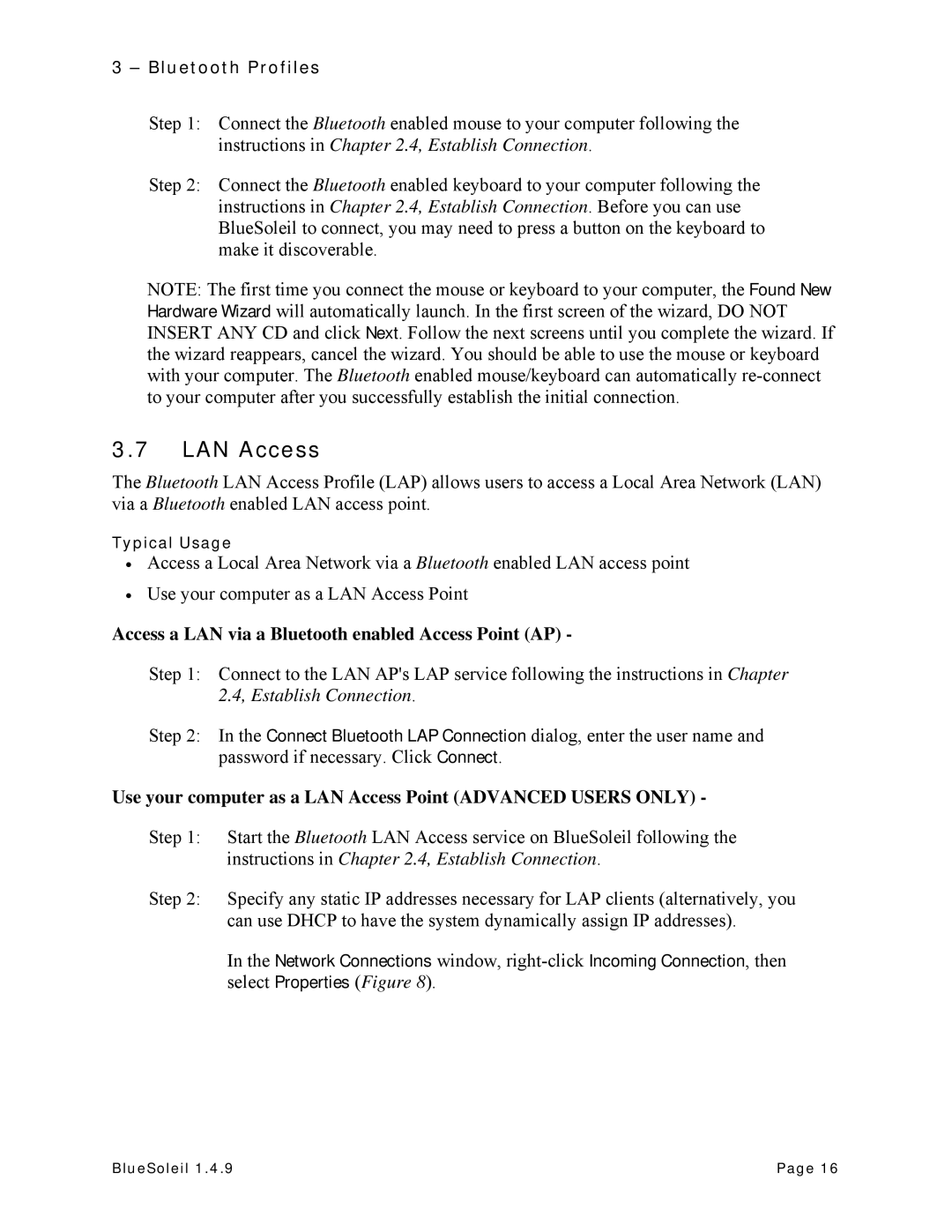 HiFi Works BlueSoleil manual LAN Access, Access a LAN via a Bluetooth enabled Access Point AP 