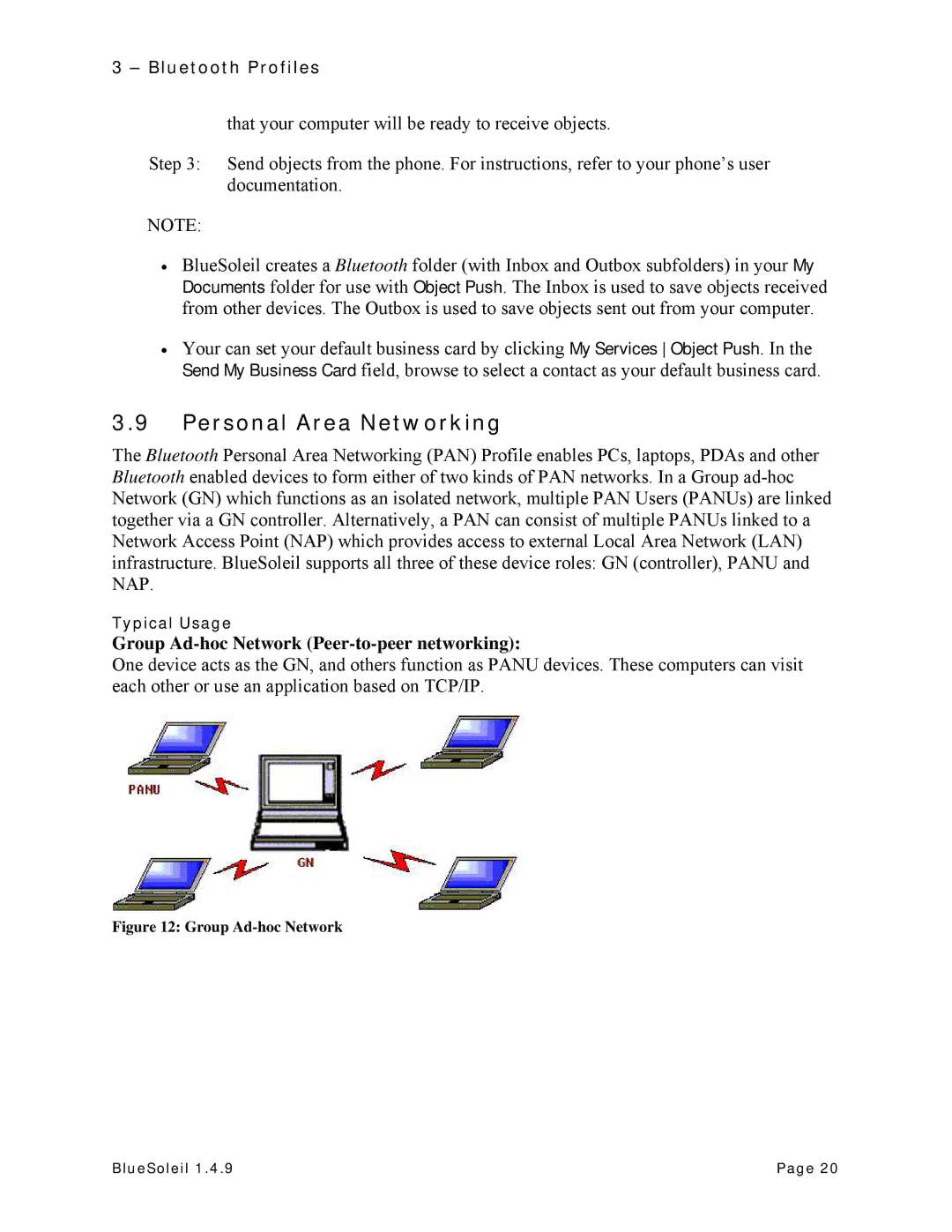 HiFi Works BlueSoleil manual Personal Area Networking, Group Ad-hoc Network Peer-to-peer networking 