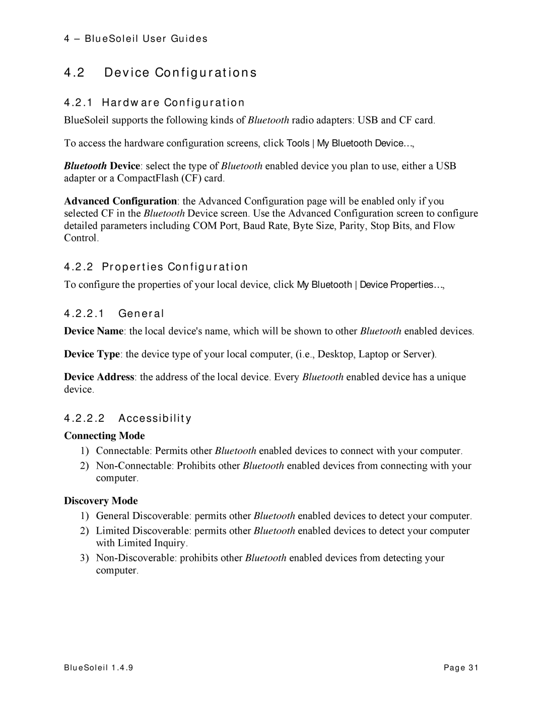 HiFi Works BlueSoleil Device Configurations, Hardware Configuration, Properties Configuration, General, Accessibility 