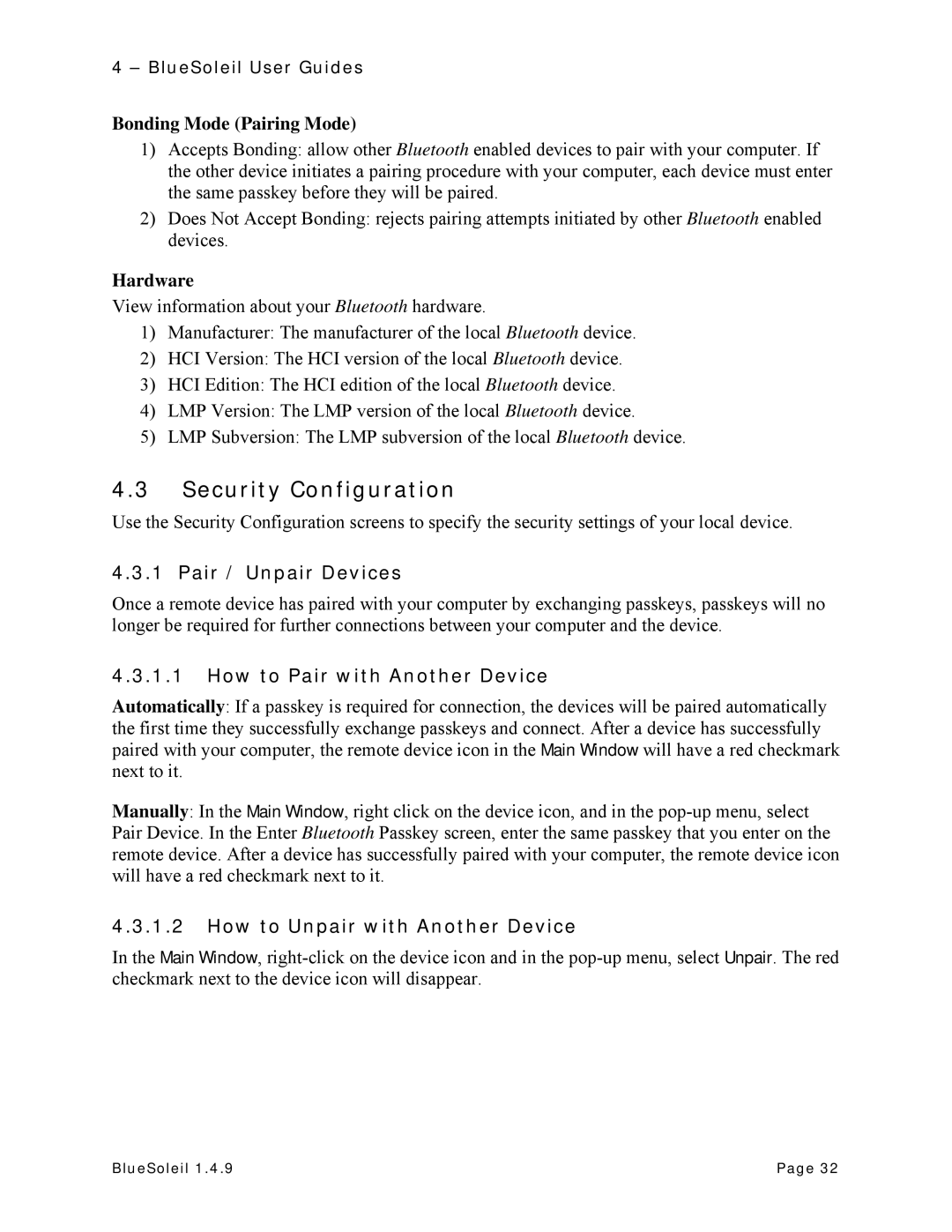 HiFi Works BlueSoleil manual Security Configuration, Pair / Unpair Devices, How to Pair with Another Device 