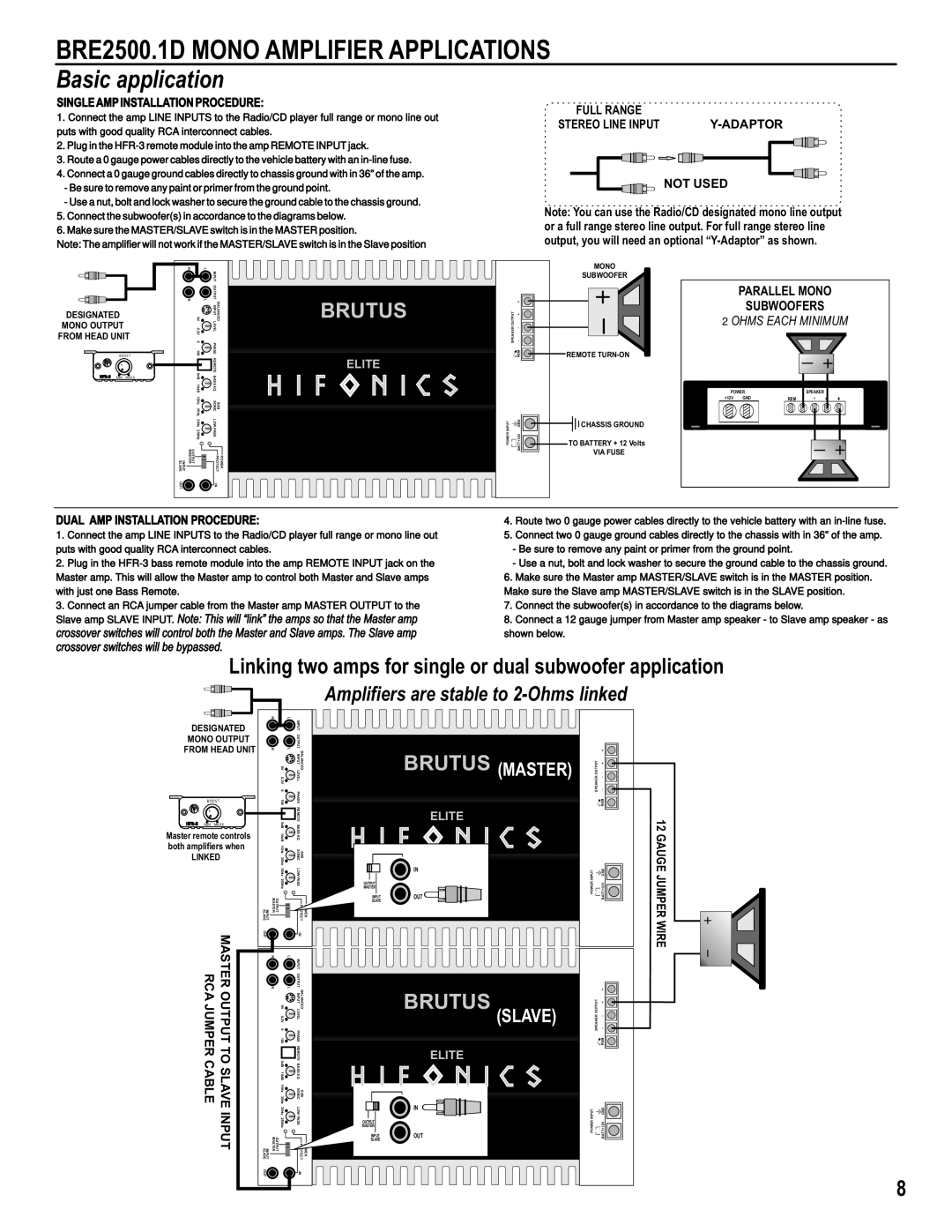 Hifionics BRE100.2 manual Single AMP Installation Procedure, Not Used, Dual AMP Installation Procedure, Gauge Jumper Wire 