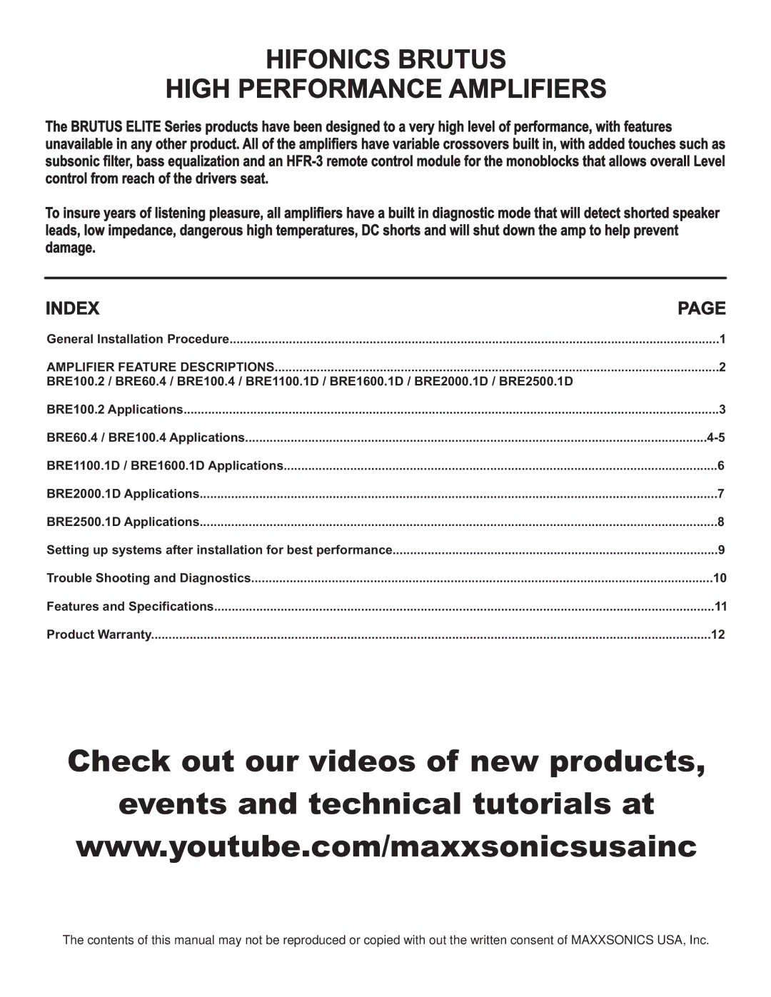 Hifionics BRE100.4 BRE1100.1D, BRE100.2, BRE1600.1D BRE2000.1D, BRE2500.1D manual Hifonics Brutus High Performance Amplifiers 