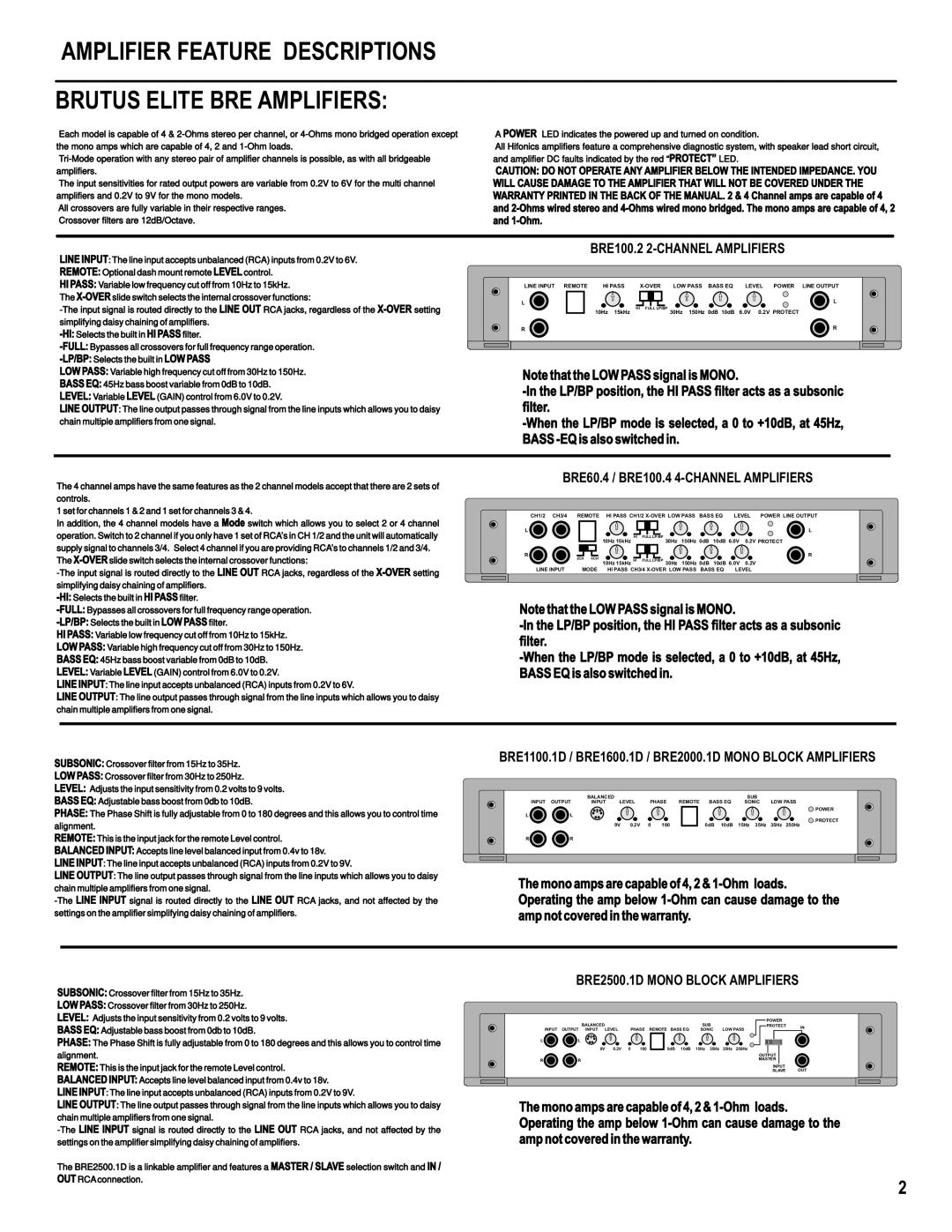 Hifionics BRE60.4, BRE2500.1D Amplifier Feature Descriptions Brutus Elite BRE Amplifiers, BRE100.2 2-CHANNEL Amplifiers 