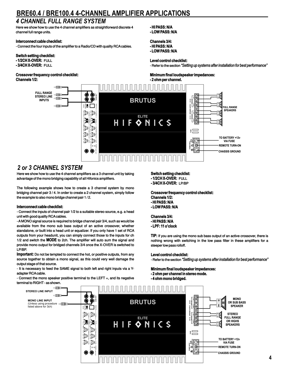 Hifionics BRE1600.1D BRE2000.1D, BRE100.2 BRE60.4 / BRE100.4 4-CHANNEL Amplifier Applications, Channel Full Range System 