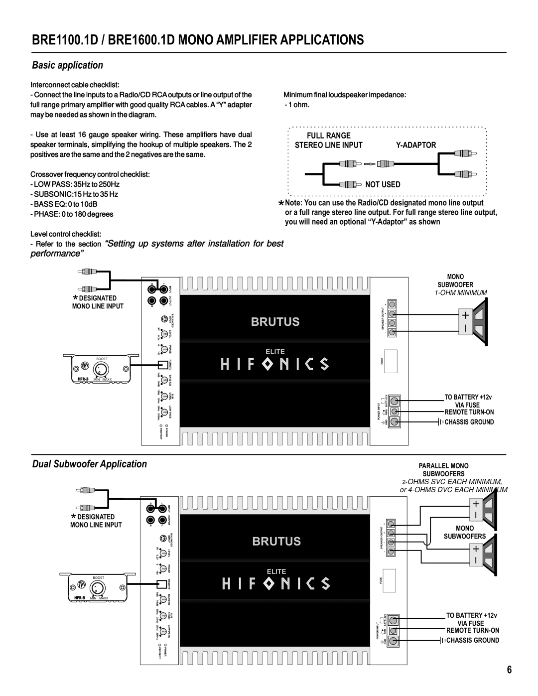 Hifionics BRE2500.1D, BRE100.2, BRE60.4 BRE1100.1D / BRE1600.1D Mono Amplifier Applications, Designated Mono Line Input 