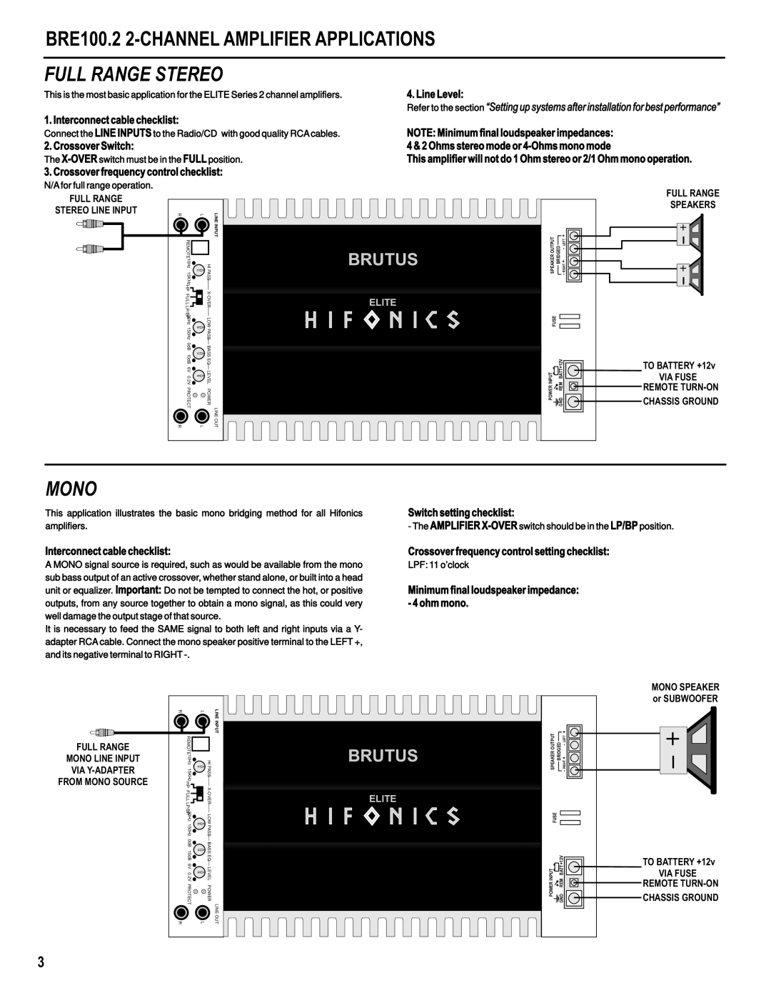 Hifionics BRE1600.1D BRE2000.1D, BRE2500.1D BRE100.2 2-CHANNELAMPLIFIER APPLICATIONS, Full Range Stereo, Mono, Brutus 
