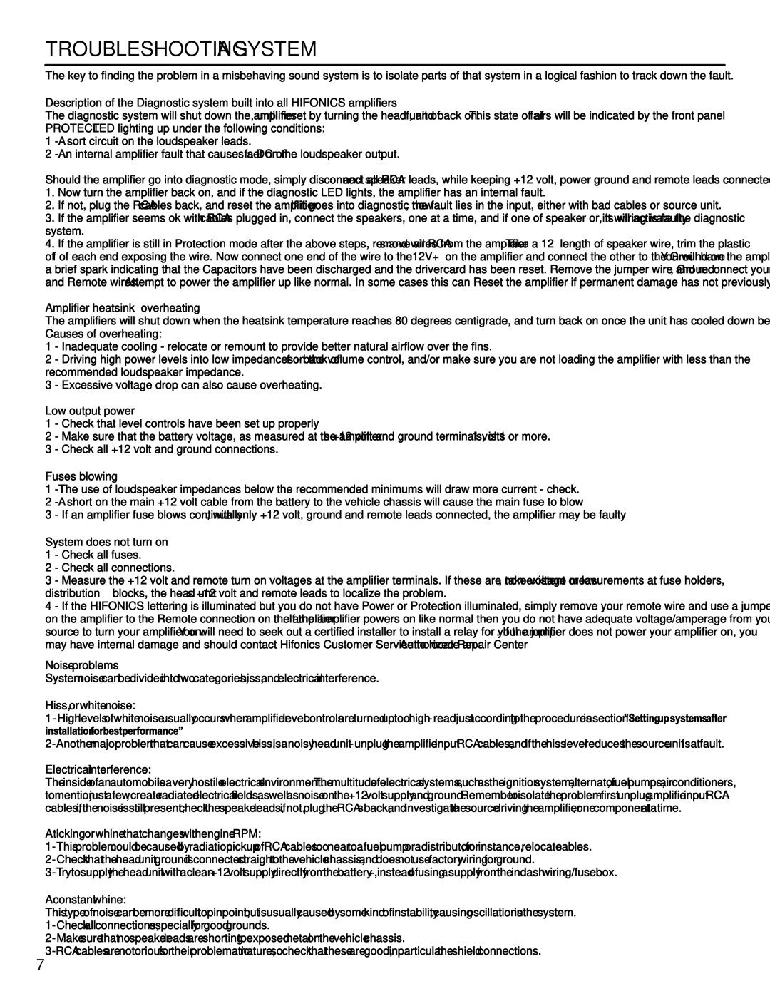 Hifionics BRZ3000.1D PRO, BRZ2400.1D, BRZ1700.1D, BRZ2100.1D, BRZ1200.1D Troubleshooting a System, Electrical interference 