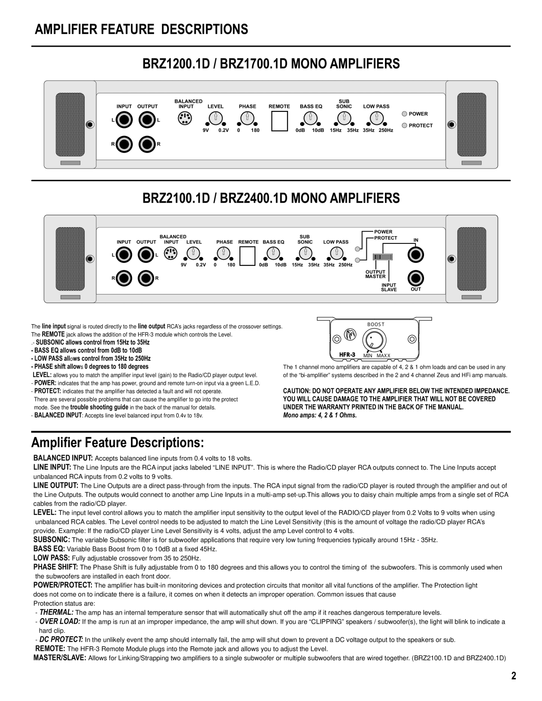 Hifionics BRZ1700.1D, BRZ1200.1D manual BRZ2100.1D / BRZ2400.1D Mono Amplifiers, Amplifier Feature Descriptions 