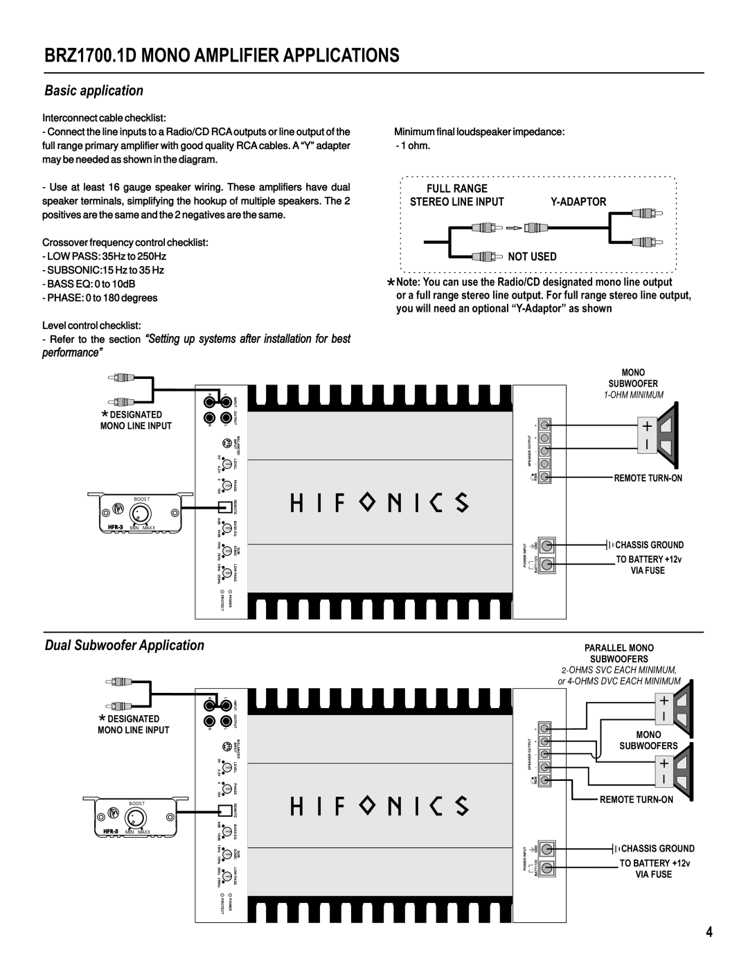 Hifionics BRZ2100.1D, BRZ2400.1D, BRZ1200.1D manual BRZ1700.1D Mono Amplifier Applications 