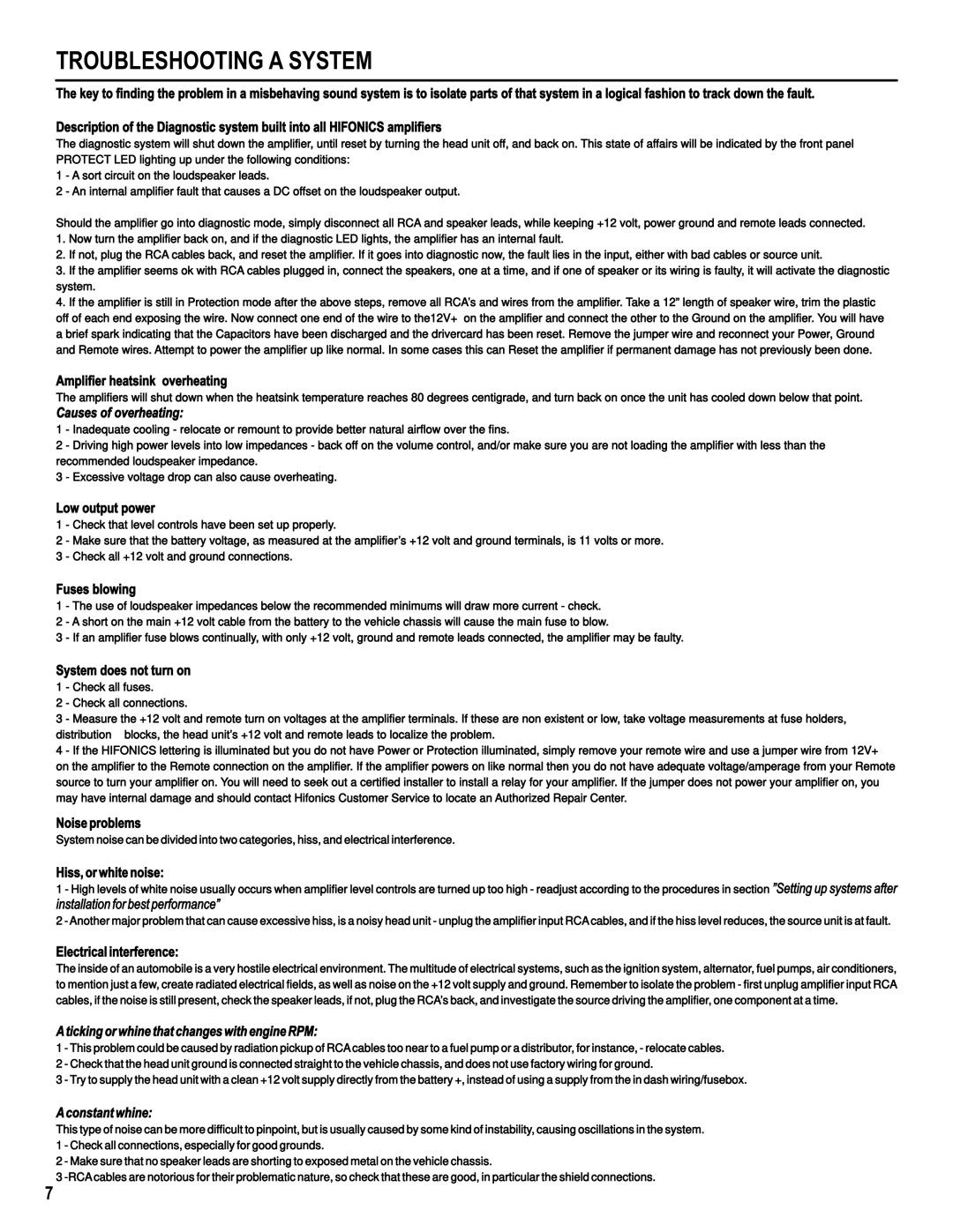 Hifionics BRZ1700.1D, BRZ2400.1D, BRZ2100.1D, BRZ1200.1D manual Troubleshooting a System, Electrical interference 