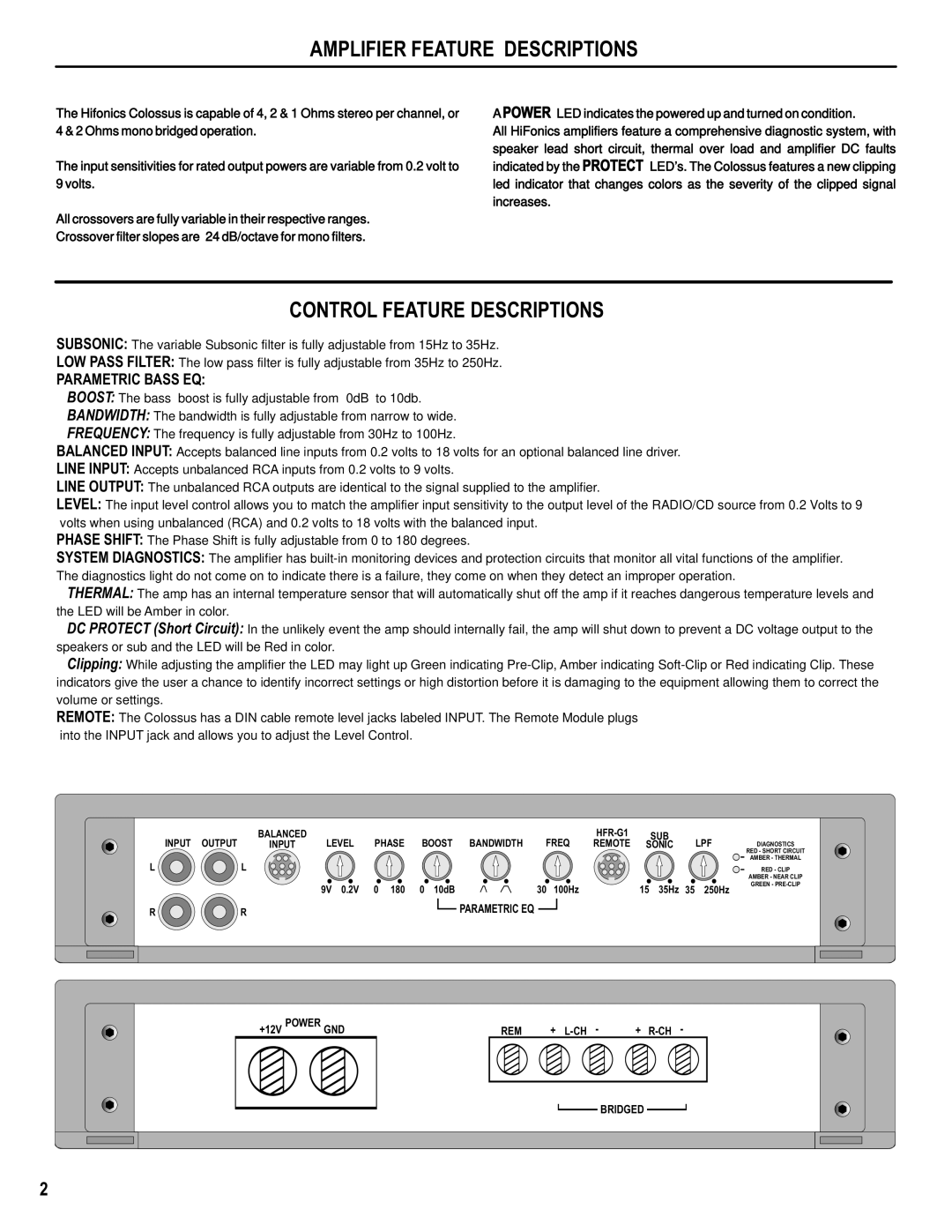 Hifionics Colossus manual Amplifier Feature Descriptions, Control Feature Descriptions 