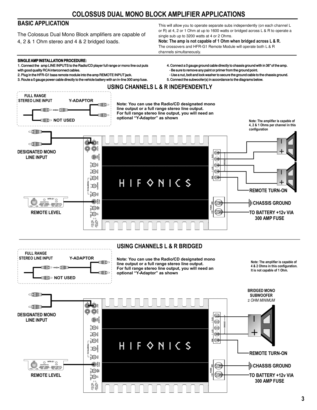 Hifionics manual Colossus Dual Mono Block Amplifier Applications, Basic Application 