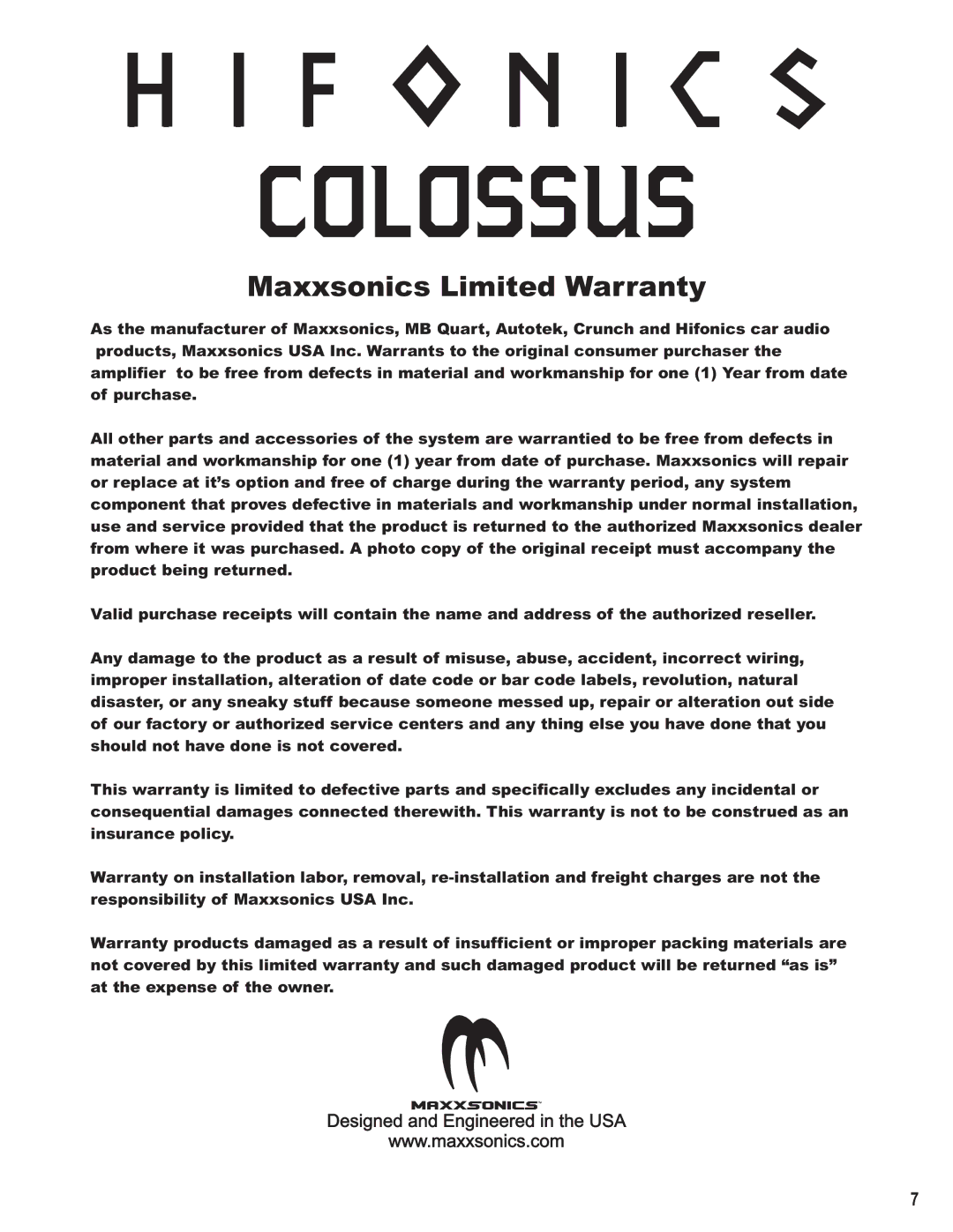 Hifionics Colossus manual 