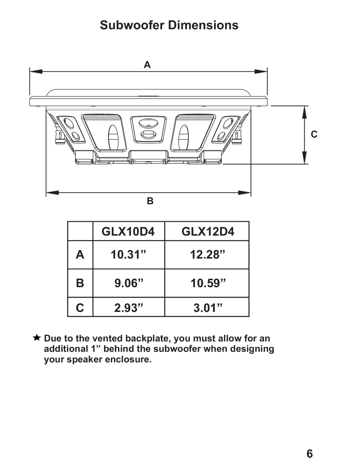 Hifionics GLX10D4, GLX12D4 manual Subwoofer Dimensions 