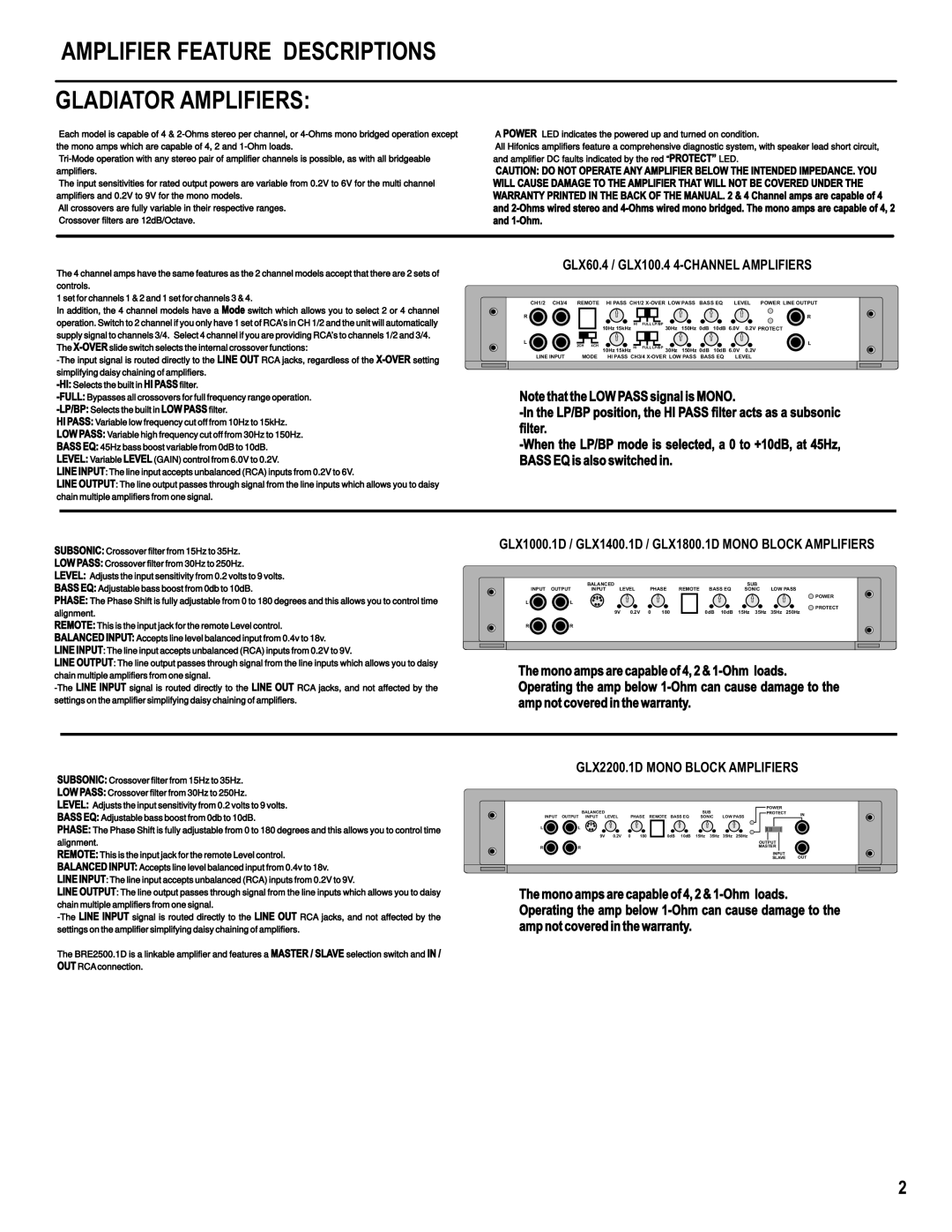 Hifionics GLX1400.1D manual Amplifier Feature Descriptions Gladiator Amplifiers, GLX60.4 / GLX100.4 4-CHANNEL Amplifiers 