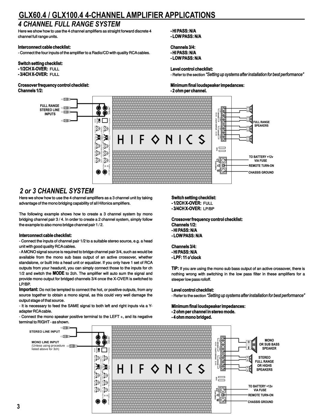 Hifionics GLX1000.1D, GLX1800.1D, GLX2200.1D GLX60.4 / GLX100.4 4-CHANNEL Amplifier Applications, Channel Full Range System 