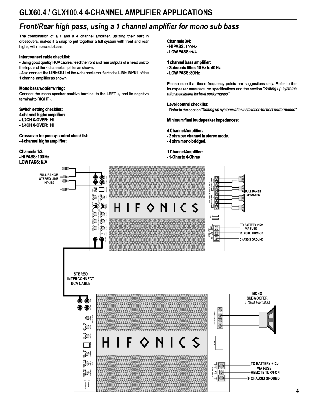 Hifionics GLX1800.1D, GLX60.4, GLX100.4, GLX2200.1D, GLX1400.1D manual Stereo Interconnect RCA Cable, VIA Fuse, Remote TURN-ON 