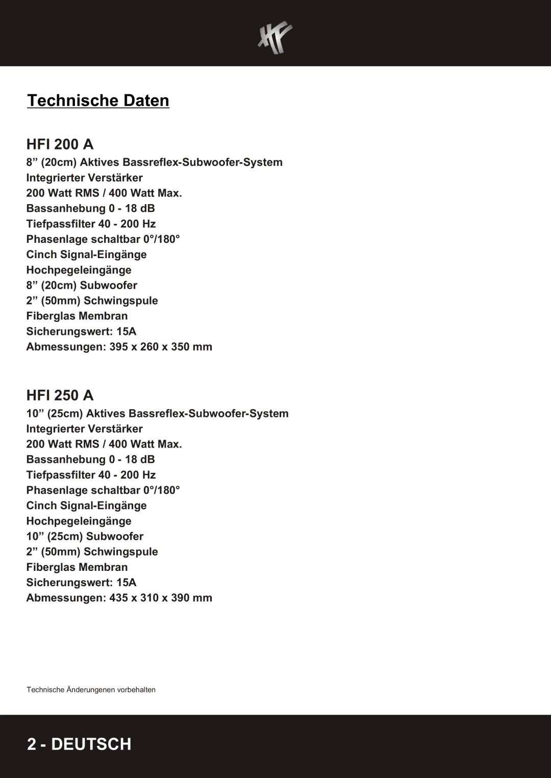 Hifionics HFI 200 A-HFI250A manual Technische Daten, HFI 200 a 