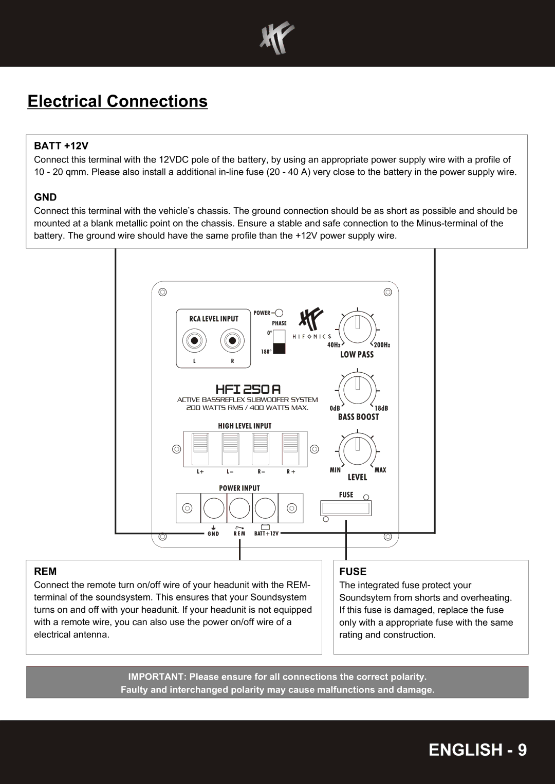 Hifionics HFI 200 A-HFI250A manual Electrical Connections 