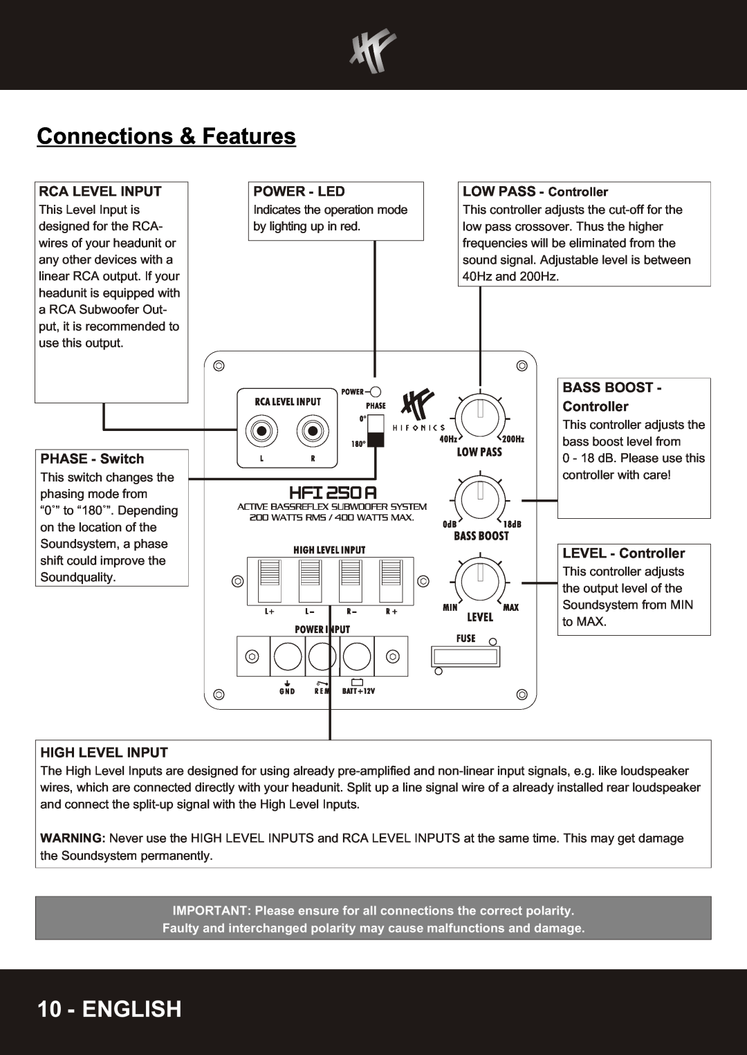 Hifionics HFI 200 A-HFI250A manual Connections & Features, English, Rca Level Input, Power - Led, LOW PASS - Controller 