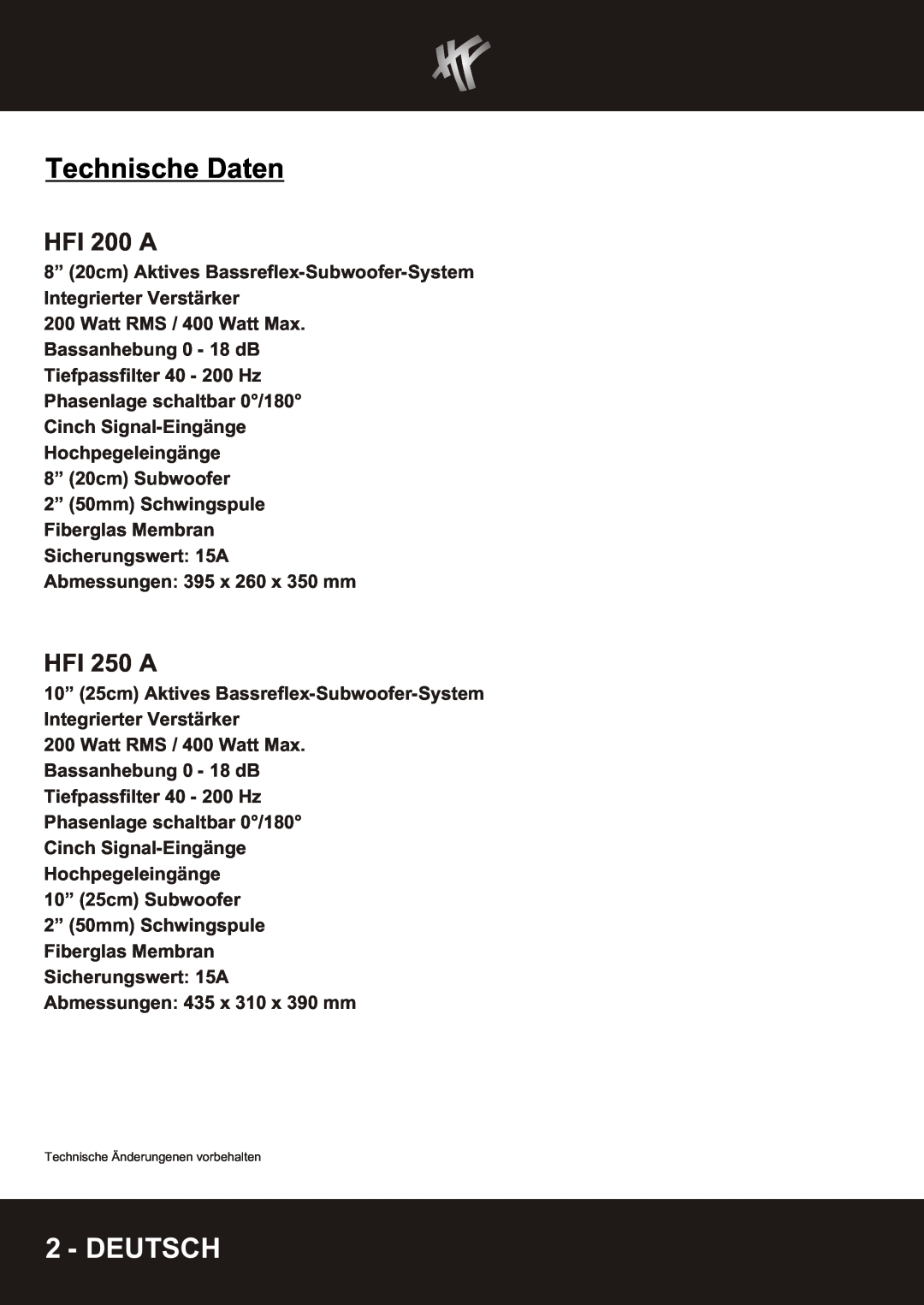 Hifionics HFI 200 A-HFI250A manual Technische Daten, Deutsch, HFI 250 A 