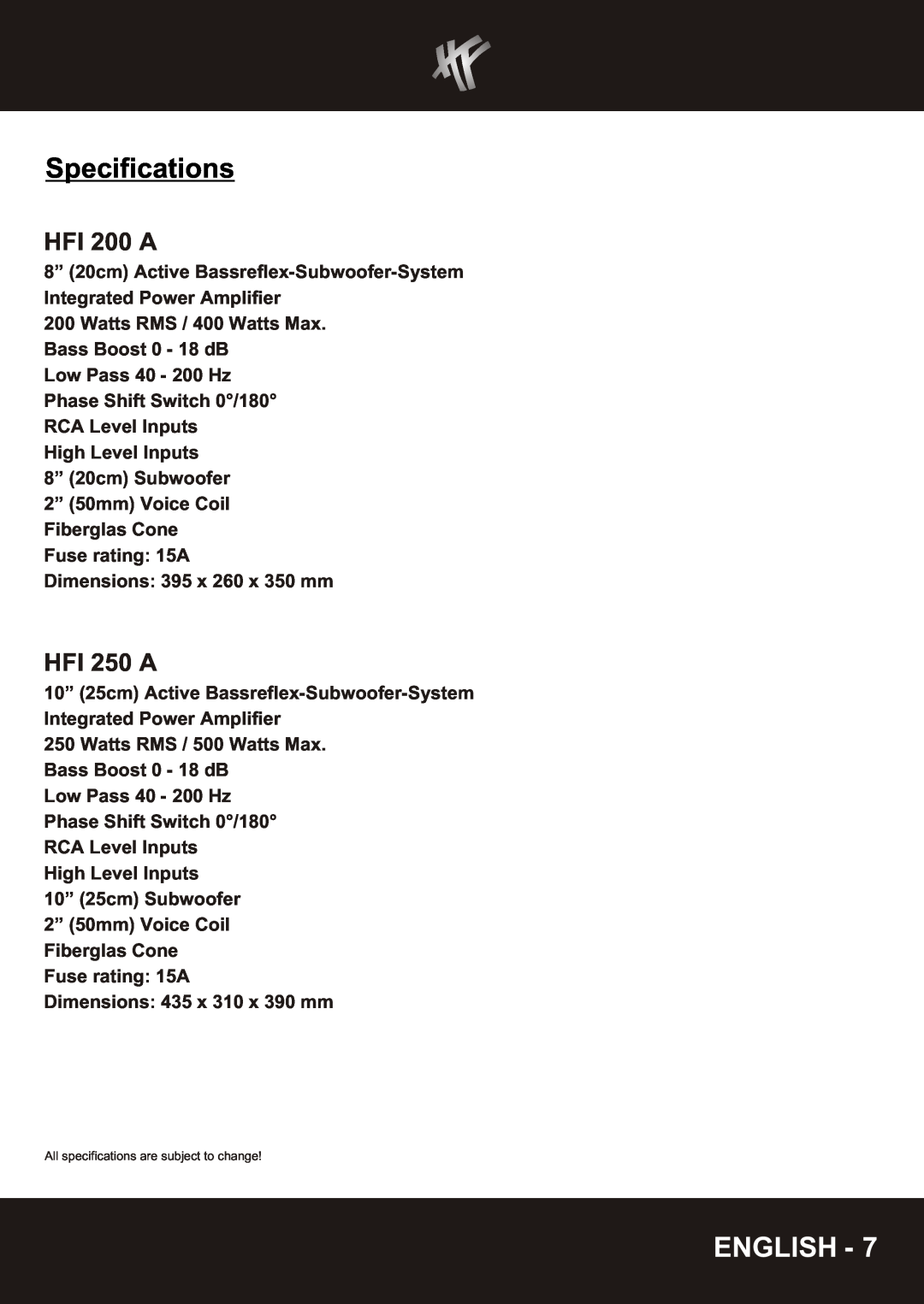 Hifionics HFI 200 A-HFI250A manual Specifications, English, HFI 250 A 