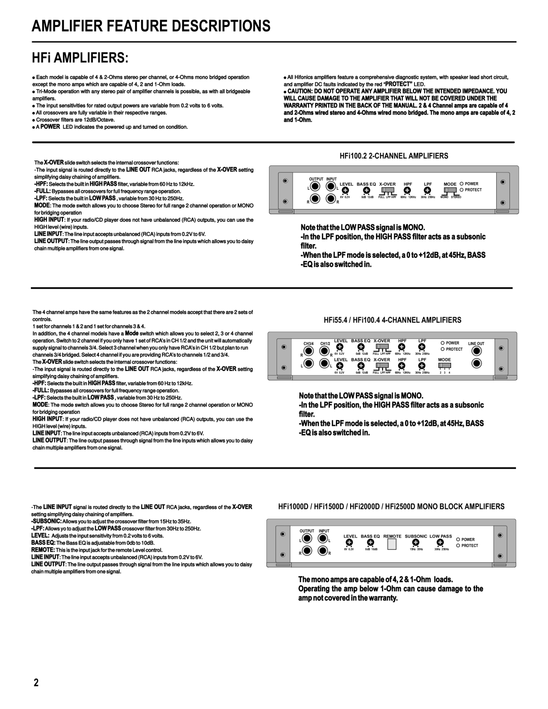 Hifionics HFI2000D, HFI100.4, HFI1000D, HFI1500D, HFI100.2 manual Amplifier Feature Descriptions, HFi100.2 2-CHANNEL Amplifiers 