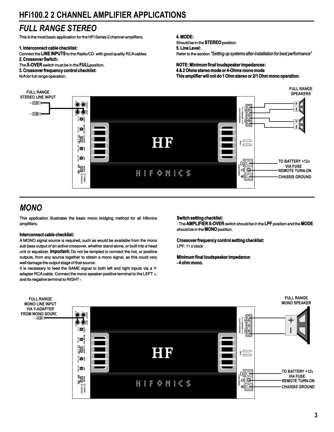 Hifionics HFI2500D, HFI100.4, HFI1000D, HFI1500D, HFI100.2, HFI2000D, HFI55.4 manual Switch setting checklist 