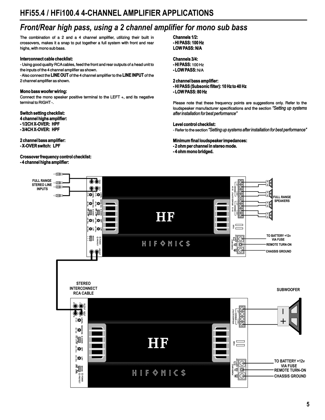 Hifionics HFI100.4, HFI1000D, HFI1500D, HFI100.2, HFI2000D, HFI55.4 Channels 3/4 HI Pass 100 Hz, Stereo Interconnect RCA Cable 