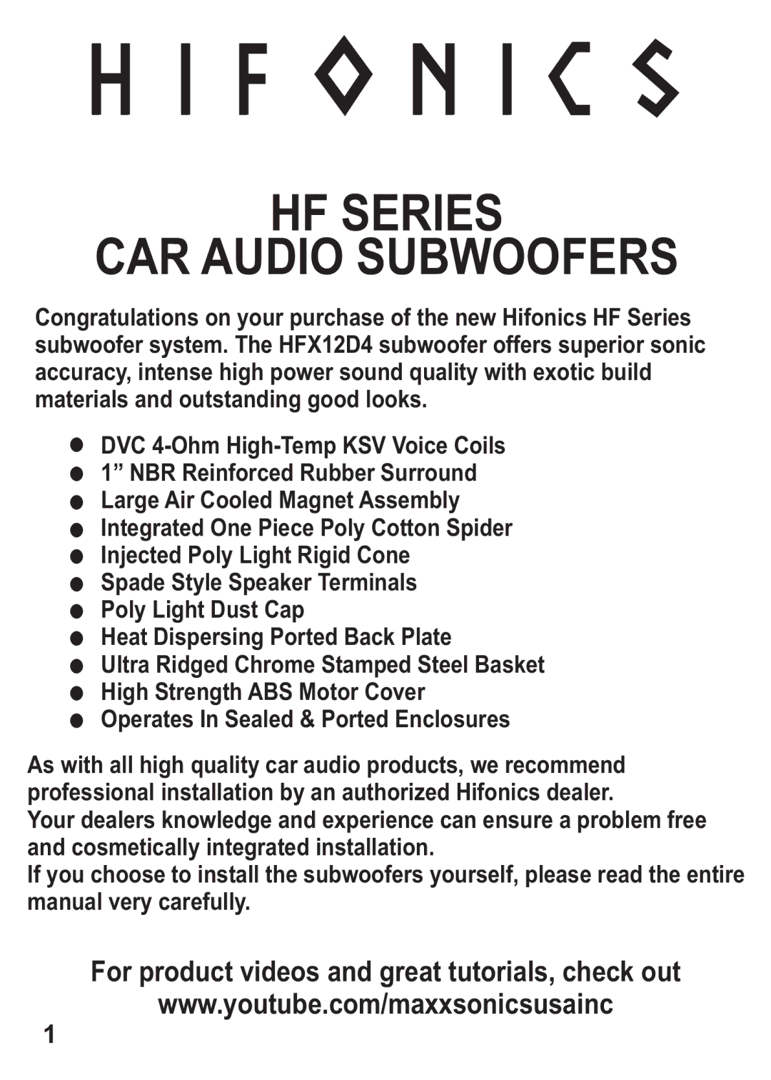 Hifionics HFX12D4 manual HF Series CAR Audio Subwoofers 