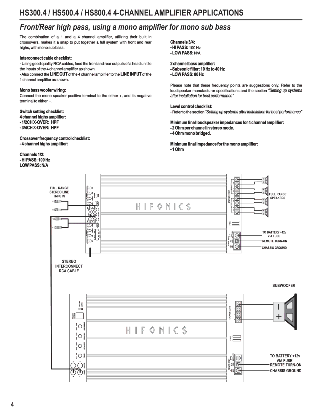 Hifionics HS800.4, HS2500.1D, HS300.4, HS500.4 2CH X-OVER HPF 4CH X-OVER HPF, Stereo Interconnect RCA Cable, Remote TURN-ON 