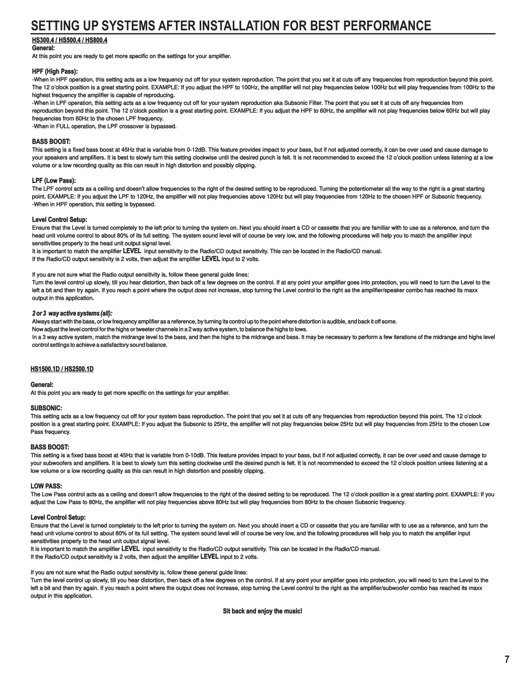 Hifionics HS1500.1D, HS2500.1D Setting UP Systems After Installation for Best Performance, Bass Boost, Subsonic, LOW Pass 