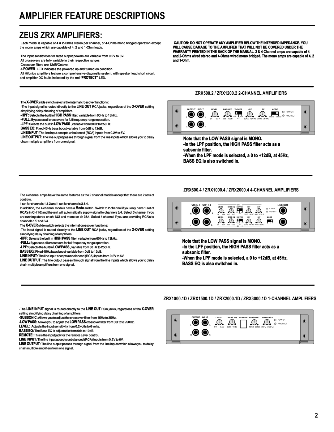 Hifionics ZRX1000.1D, ZRX3000.1D, ZRX2000.1D, ZRX2000.4 manual Zeus ZRX Amplifiers, ZRX500.2 / ZRX1200.2 2-CHANNEL Amplifiers 