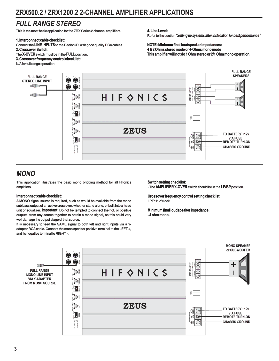 Hifionics ZRX2000.4, ZRX3000.1D, ZRX2000.1D, ZRX1000.1D, ZRX600.4 manual ZRX500.2 / ZRX1200.2 2-CHANNEL Amplifier Applications 