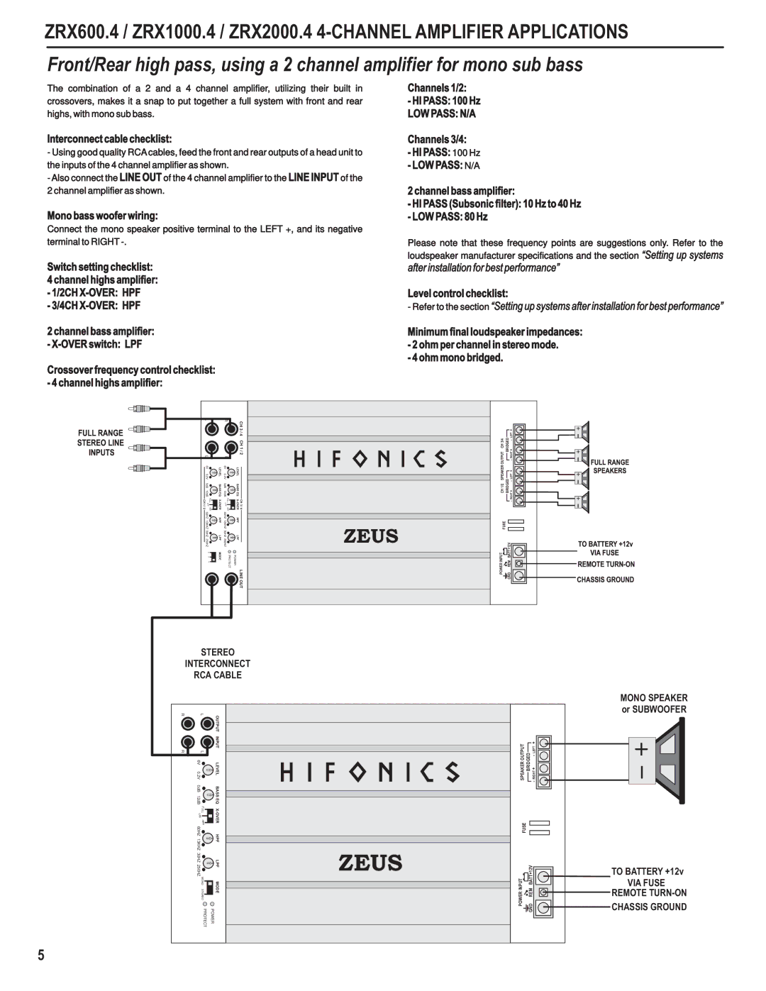 Hifionics ZRX1500.1D, ZRX500.2, ZRX3000.1D manual 2CH X-OVER HPF 4CH X-OVER HPF, Stereo Interconnect RCA Cable, Mono Speaker 