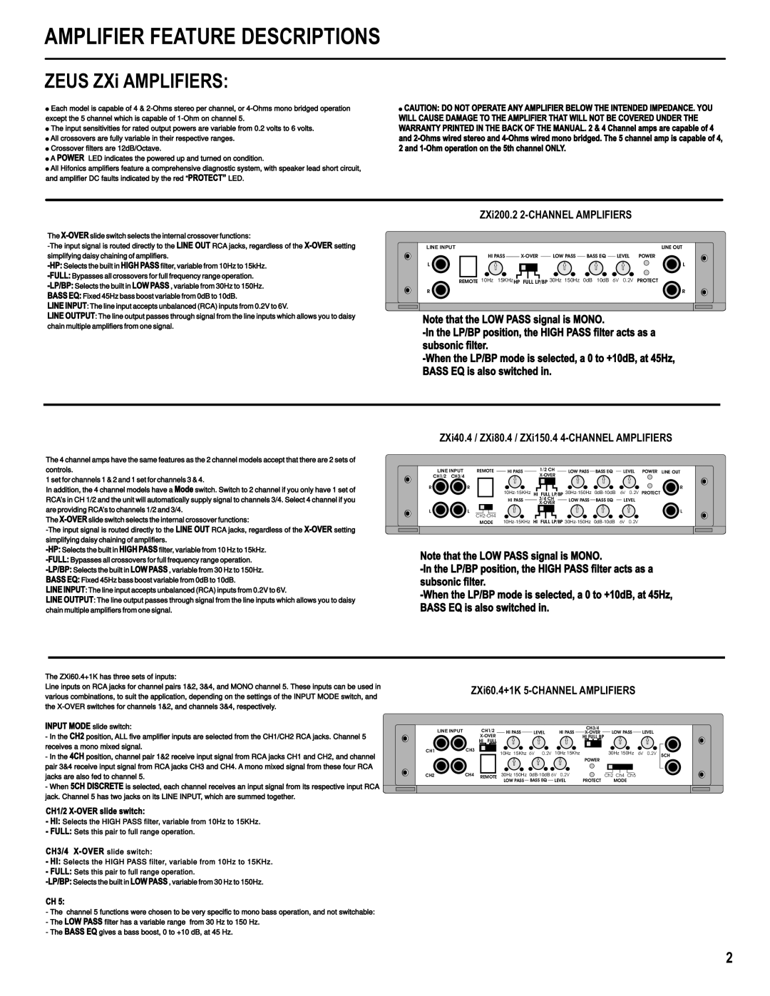 Hifionics ZXI150.4, ZXI40.4, ZXI80.4, ZXI60.4+1K, ZXI200.2 manual Amplifier Feature Descriptions, ZXi200.2 2-CHANNEL Amplifiers 