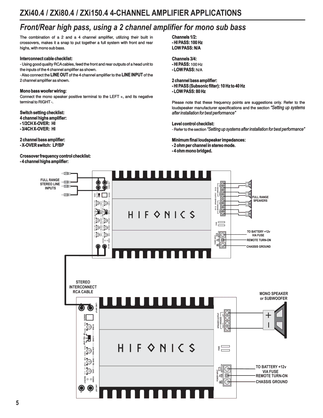 Hifionics ZXI60.4+1K Channels 1/2 HI Pass 100 Hz, Channels 3/4 HI Pass 100 Hz, Stereo Interconnect RCA Cable, Mono Speaker 